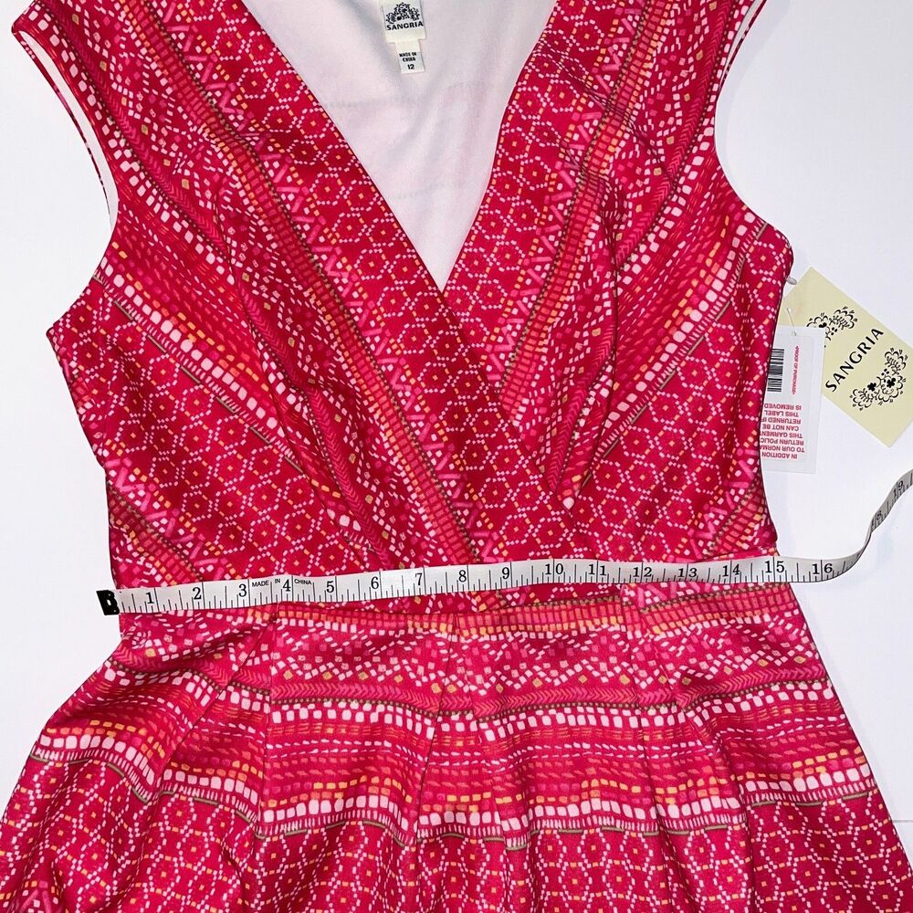 NWT Sangria Signature Pink Multicolor Pattern Fit &Flare V Neck Dress Womens 12 - Picture 12 of 12